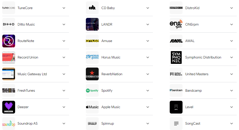 Screenshot of paid music distribution companies in the world
